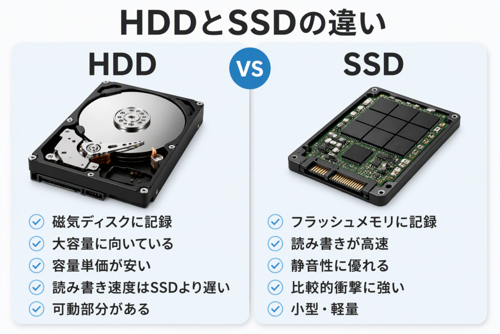 HDDとSSDの違いを読み書き速度・容量・価格・静音性・耐衝撃性で比較した図