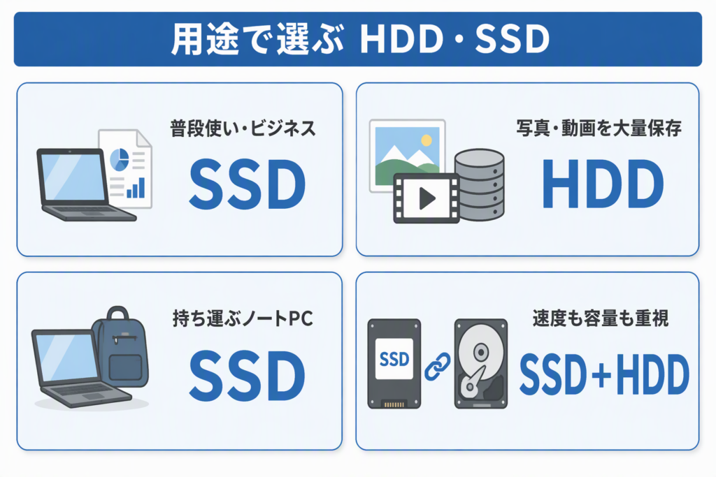 用途別にHDDとSSDのどちらがおすすめかを紹介した選び方の図