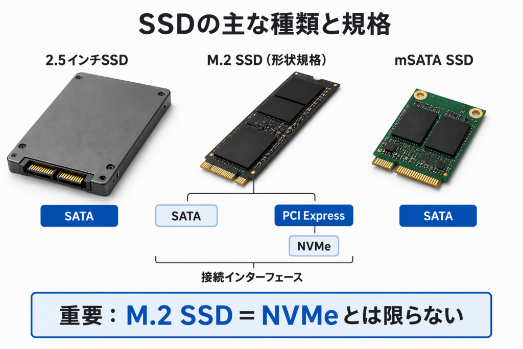 2.5インチ・M.2・mSATAのSSDとSATA・NVMeの規格の違いを整理した図
