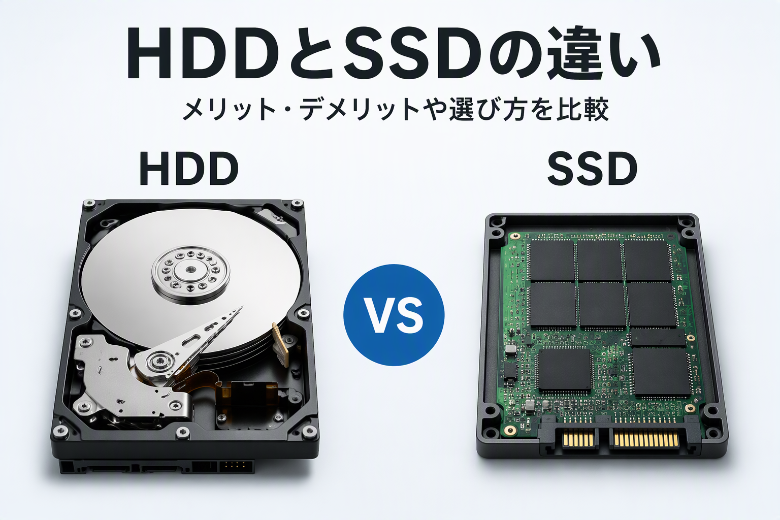 HDDとSSDの違いやメリット・デメリット、選び方を比較したイメージ
