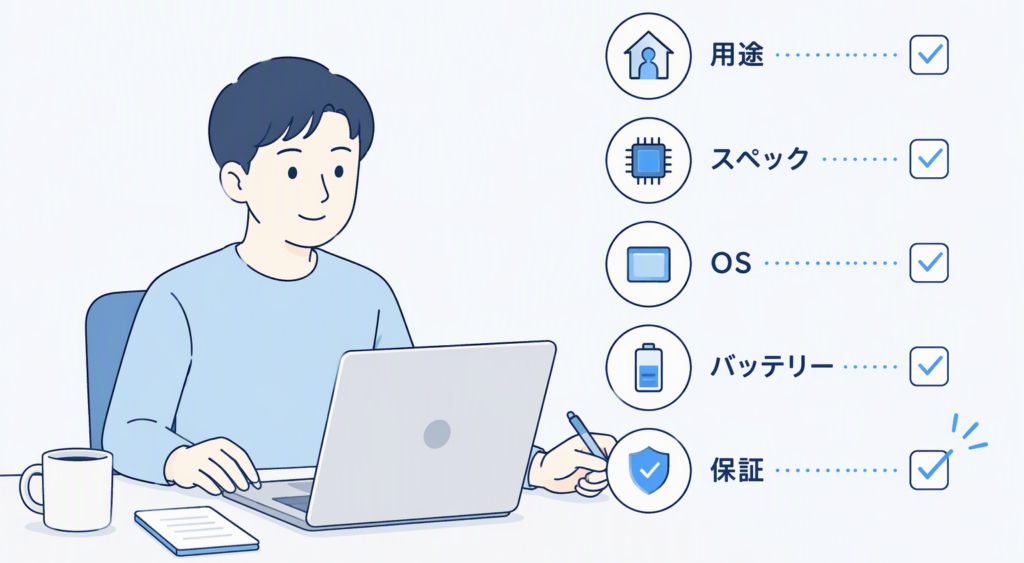 中古パソコンを買う時の注意点を確認しながら選ぶ様子