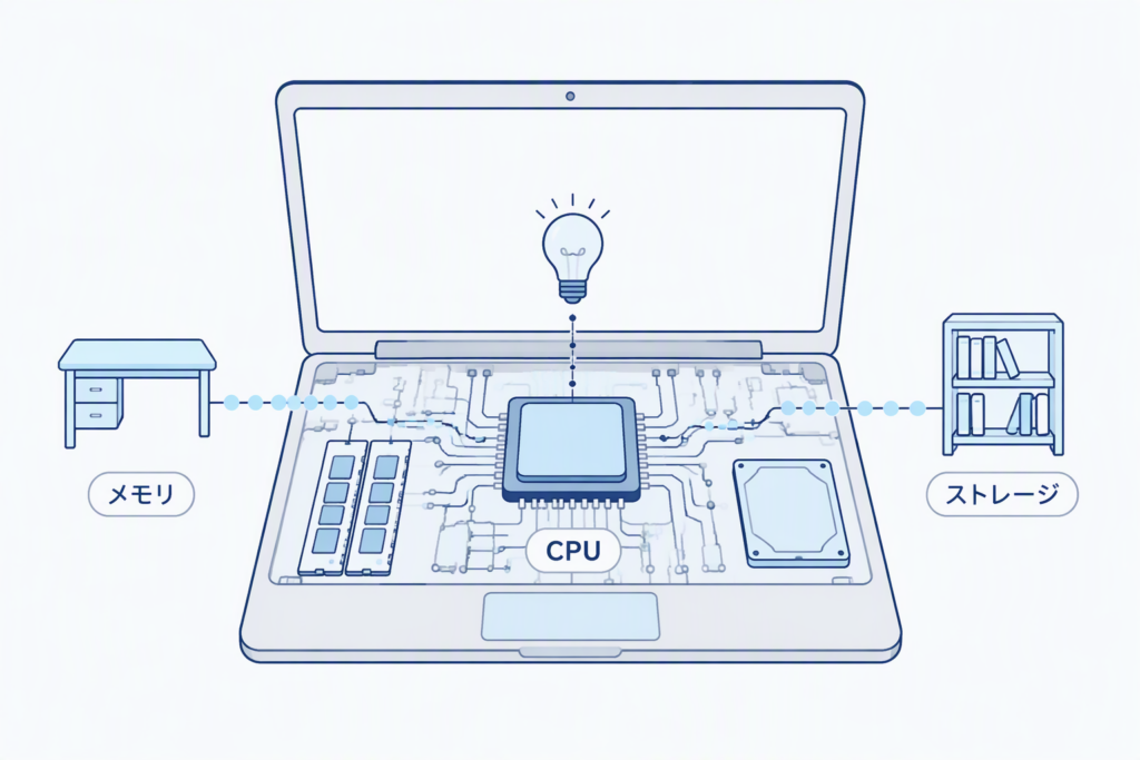 CPUとはパソコンの頭脳にあたるパーツであることを表すイメージ
