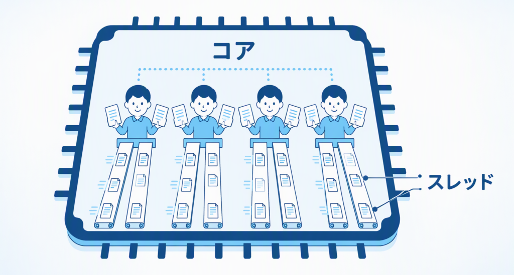 CPUのコア数とスレッド数の違いを表すイメージ