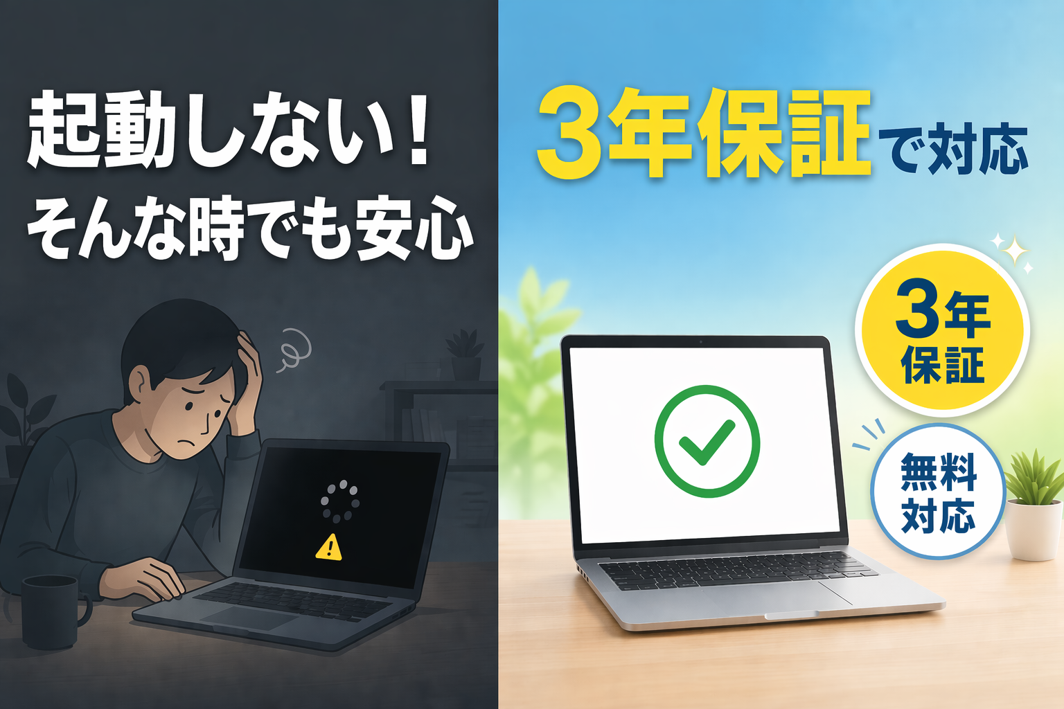 パソコンが起動しないトラブルでも3年保証で無料対応するイメージのアイキャッチ画像
