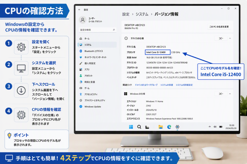 Windows 11でCPUの型番を確認する方法。設定からシステムを開き、バージョン情報画面のプロセッサ欄でCPU名を確認する手順