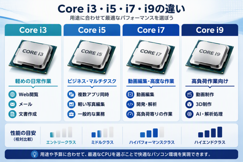 Intel Core i3、Core i5、Core i7、Core i9の違いを比較した図。用途や性能の目安を分かりやすくまとめた比較イメージ