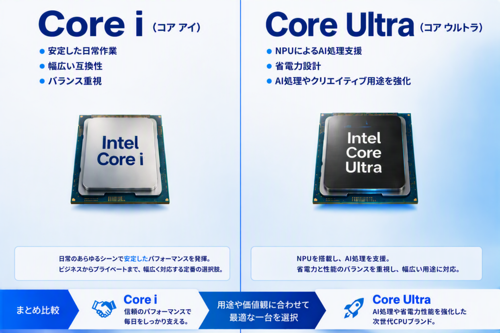 Intel Core iとCore Ultraの違いを比較した図。Core iは安定した日常利用向け、Core UltraはAI処理や省電力性能を強化した新世代CPUブランド