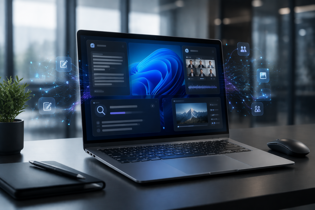 文章作成や会議の文字起こし、画像編集などを支援するAI PCのイメージ