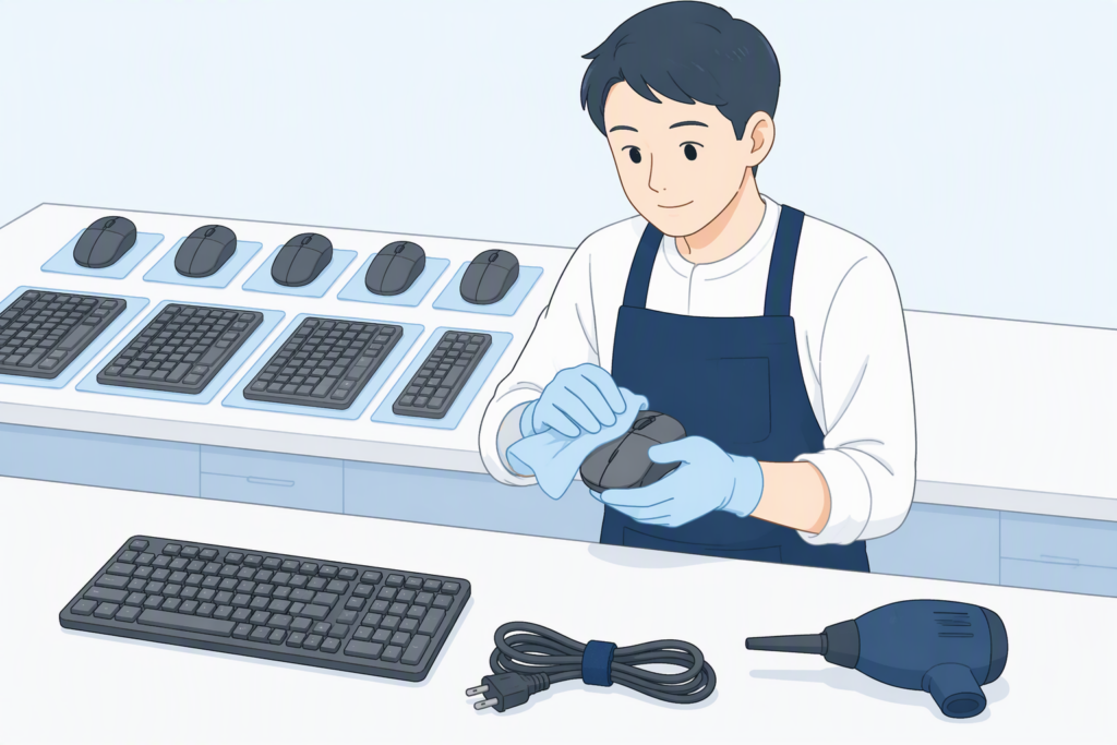 中古パソコンの付属マウスをクリーニングしている様子