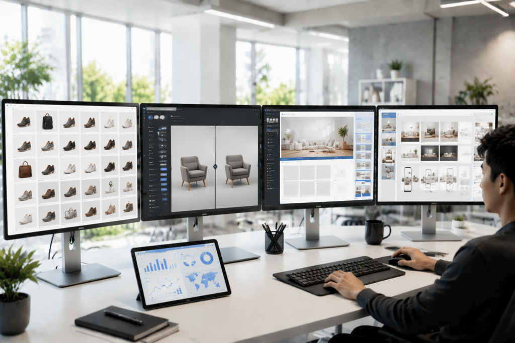 企業で画像生成AIを活用しECサイト運営やWeb制作を行う様子