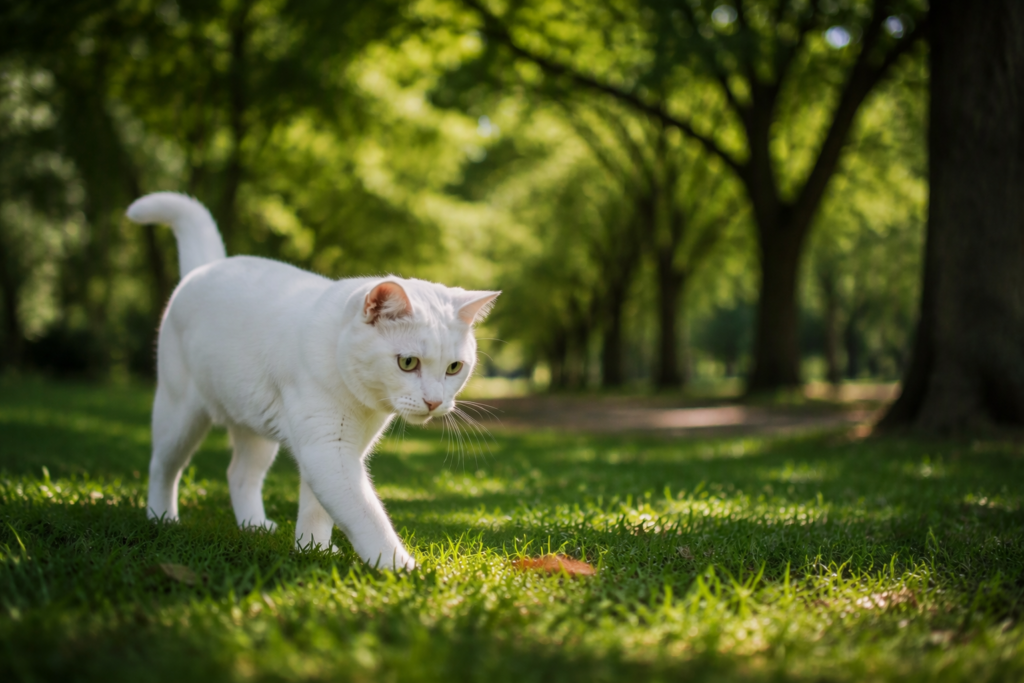 木漏れ日の公園で遊ぶ白い猫を生成した画像生成AIの作例
