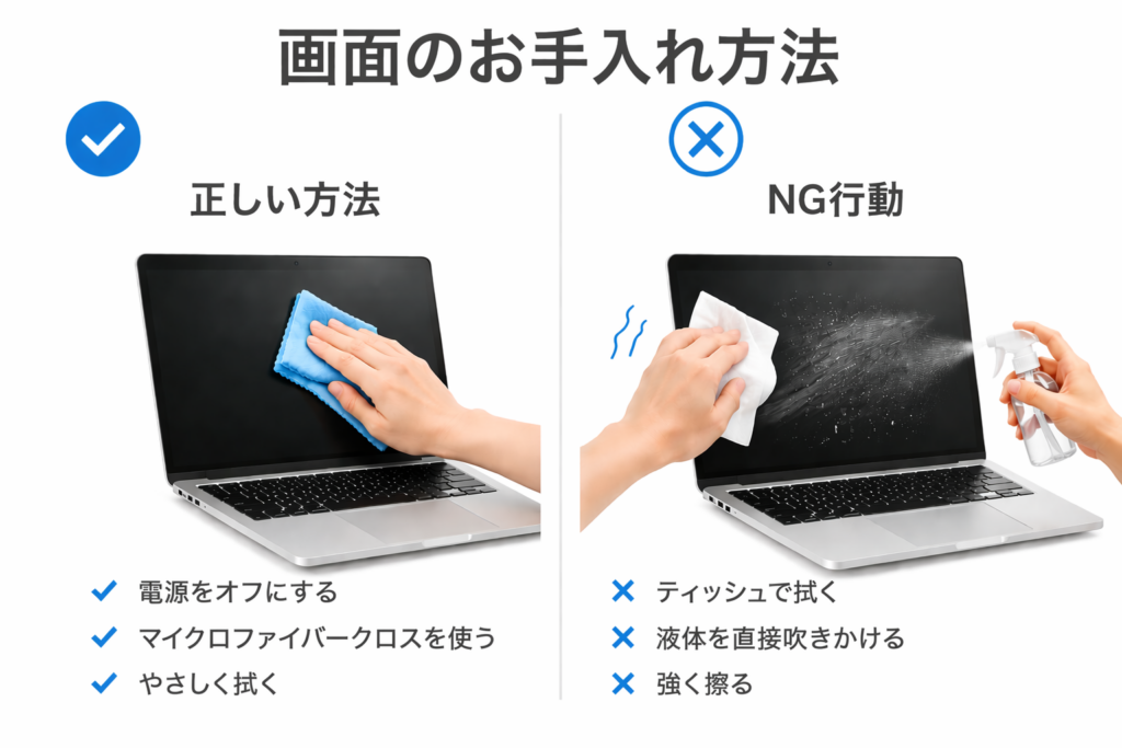パソコン掃除の基本ガイド。画面、キーボード、マウス、吸気口、排気口の掃除箇所と掃除手順をまとめた図