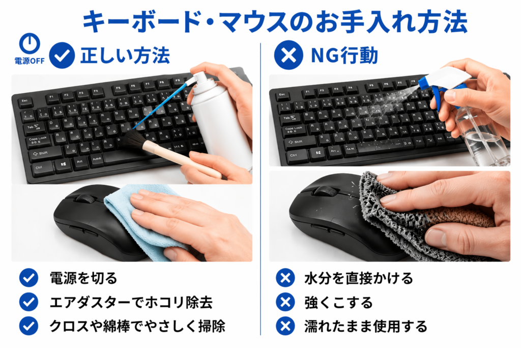 キーボードとマウスのお手入れ方法。エアダスターやクロスによる正しい掃除方法と、水分の直接噴射や強くこするNG行動を比較した図