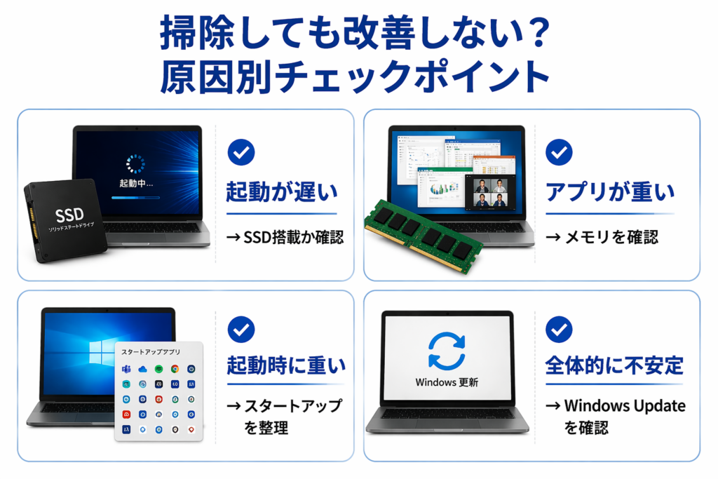 パソコン掃除をしても改善しない場合の原因チェックポイント。SSD、メモリ、スタートアップ、Windows Updateの確認方法を解説した図