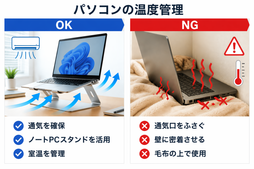 パソコンの温度管理と熱対策の比較図。ノートPCスタンドで通気を確保するOK例と、毛布の上や壁際で使用するNG例を紹介