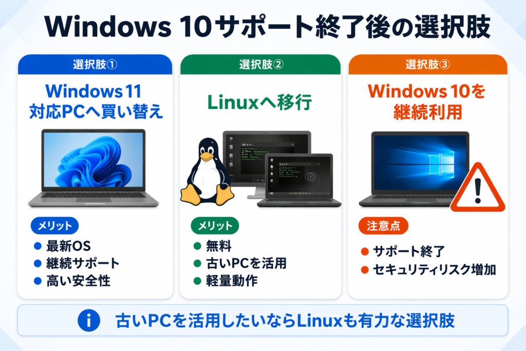 Windows 10サポート終了後の選択肢を比較した図解