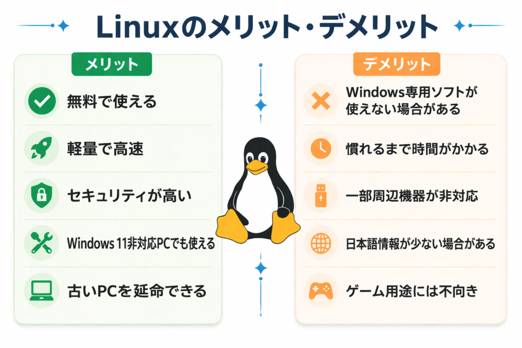 Linuxのメリットとデメリットを比較した図解