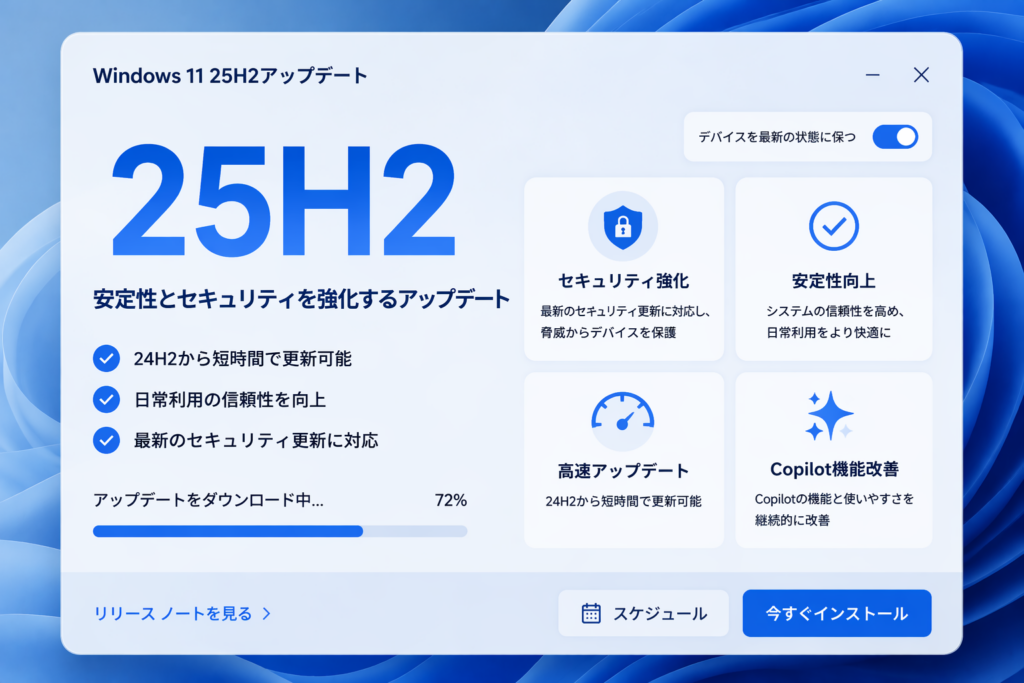 Windows 11 25H2の特徴であるセキュリティ強化、安定性向上、高速アップデートを示したイメージ画像