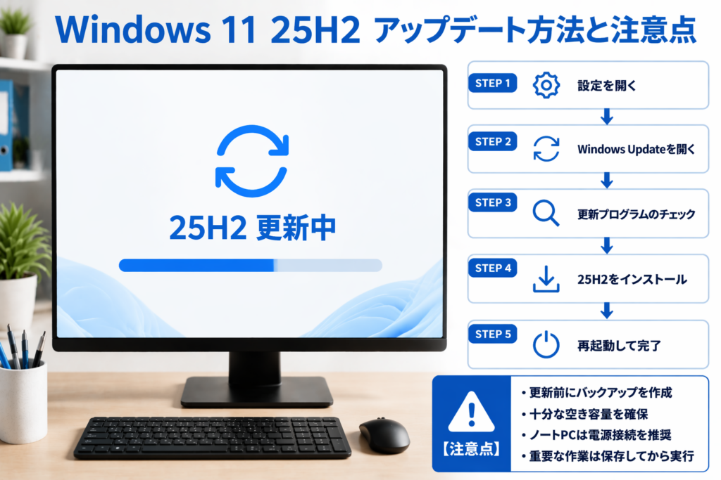 Windows 11 25H2のアップデート方法と注意点をまとめた手順図