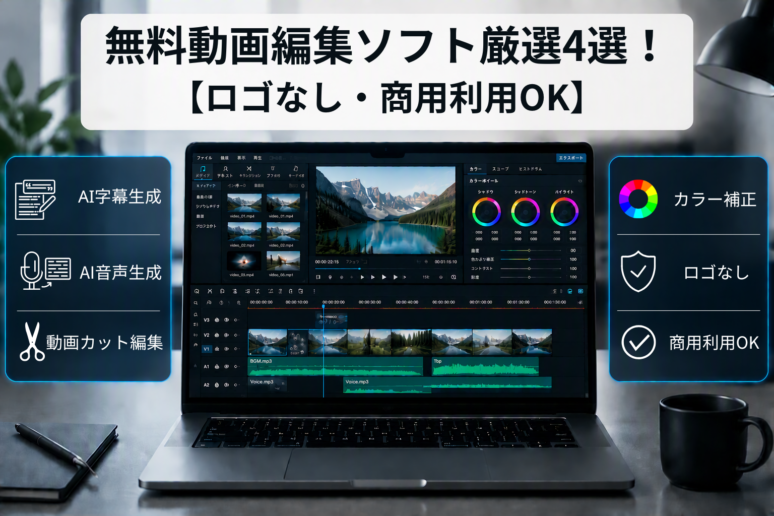 無料動画編集ソフトおすすめ4選とAI字幕生成機能のイメージ