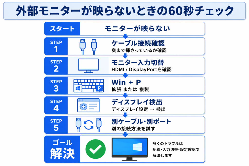 外部モニターが映らないときの60秒チェック手順を解説した図解