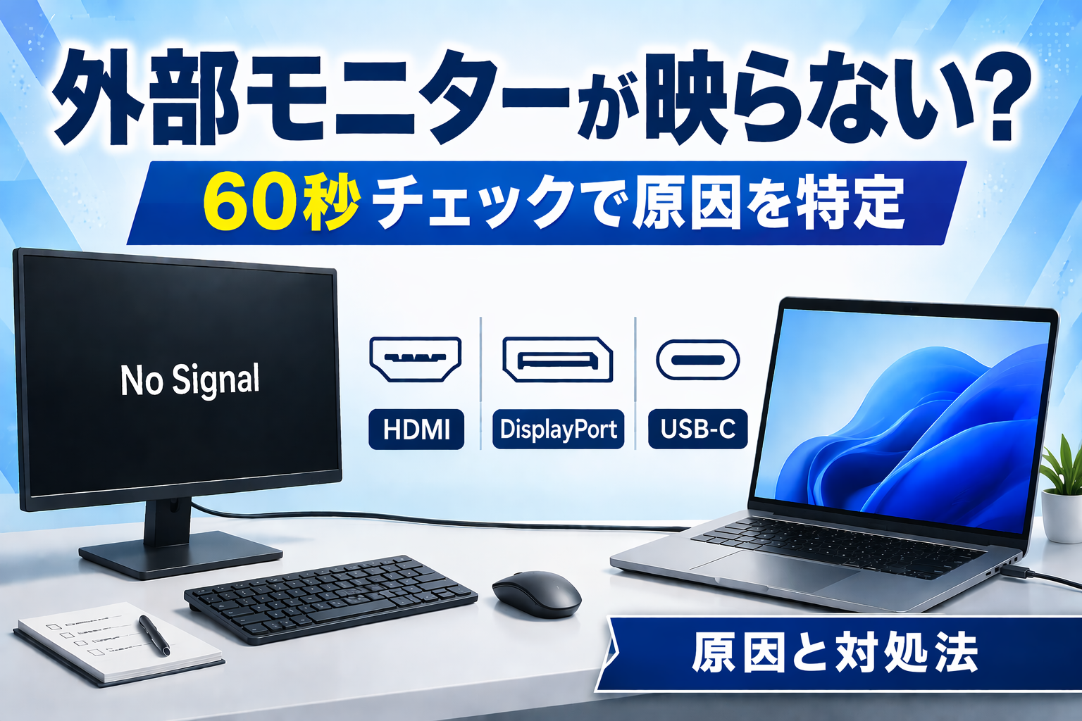 外部モニターが映らない場合の60秒チェックと原因別の対処法を紹介する図解