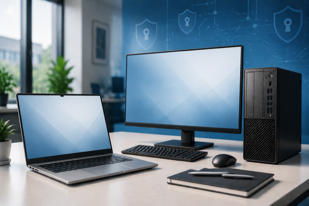 Windows 11対応のノートPCとデスクトップPCで長期的なセキュリティ対策と安心利用をイメージした写真