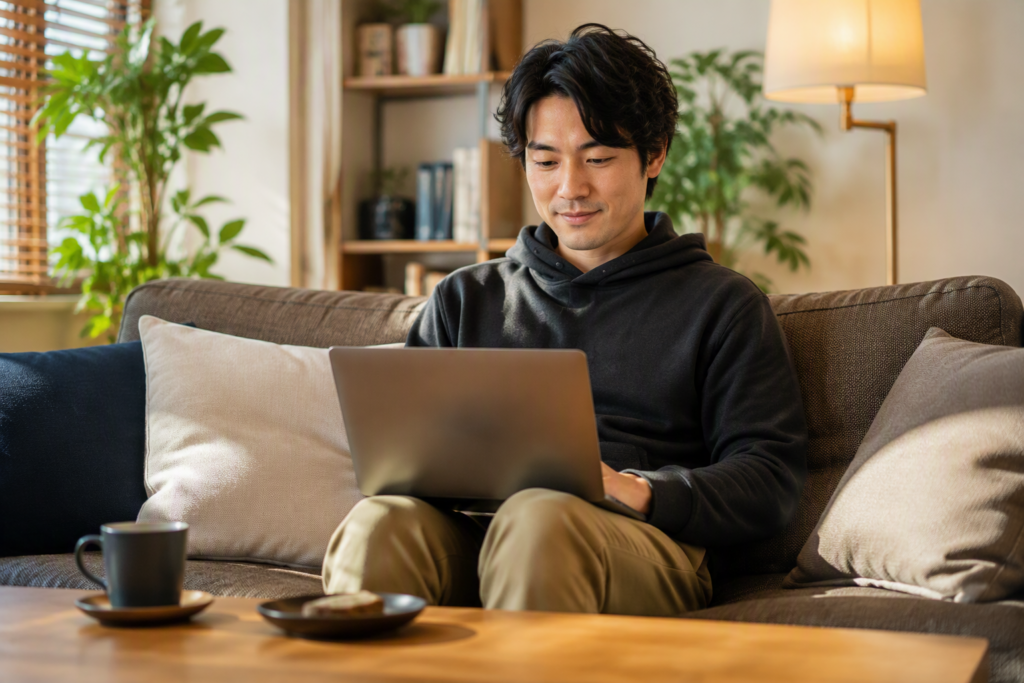 自宅でノートパソコンを利用するユーザー。ネット閲覧や動画視聴などメモリ8GBでも十分利用しやすい軽作業のイメージ