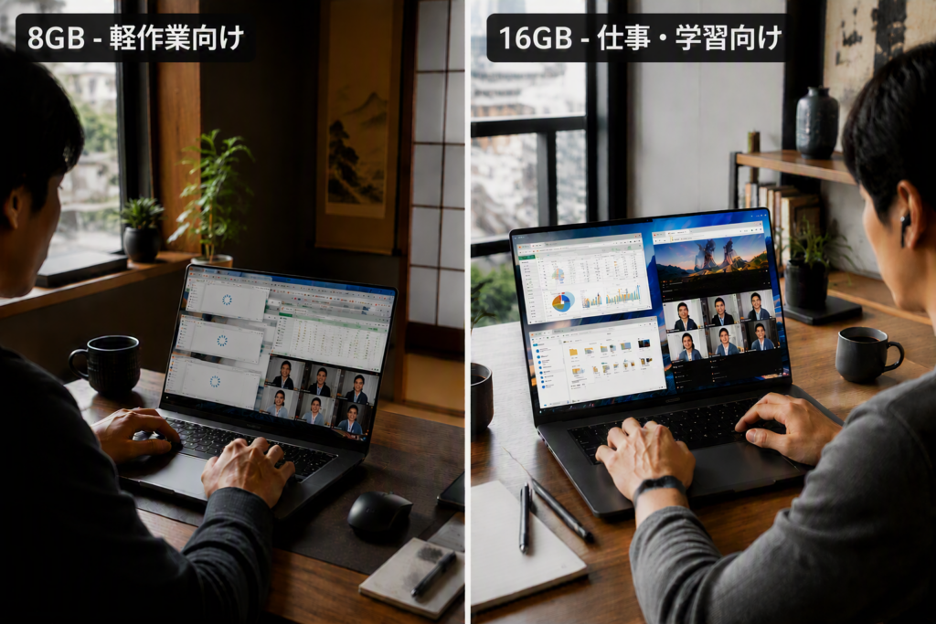 メモリ8GBと16GBの比較イメージ。8GBは複数アプリ利用時に動作が重くなりやすく、16GBはWeb会議やExcel、ブラウザを同時に快適に利用できる