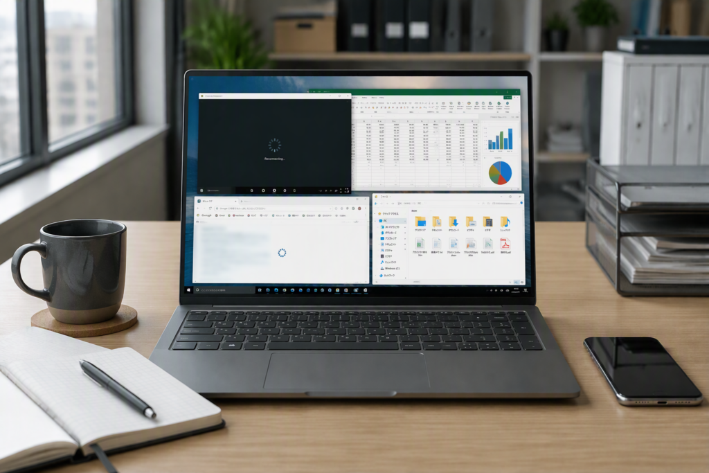 Web会議、Excel、ブラウザ、ファイル管理ソフトを同時に利用しており、Web会議で再接続が発生しているパソコンのイメージ