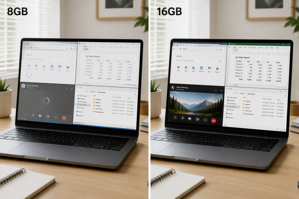メモリ8GBと16GBの体感差を比較したイメージ。8GBではWeb会議やブラウザ利用時に読み込み待ちが発生し、16GBでは複数アプリを快適に利用できる状態