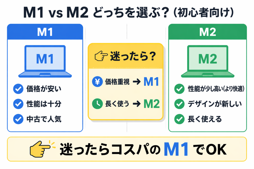 MacBook M1とM2の違いを比較した図（価格重視と長期利用の観点でどちらを選ぶべきか解説）