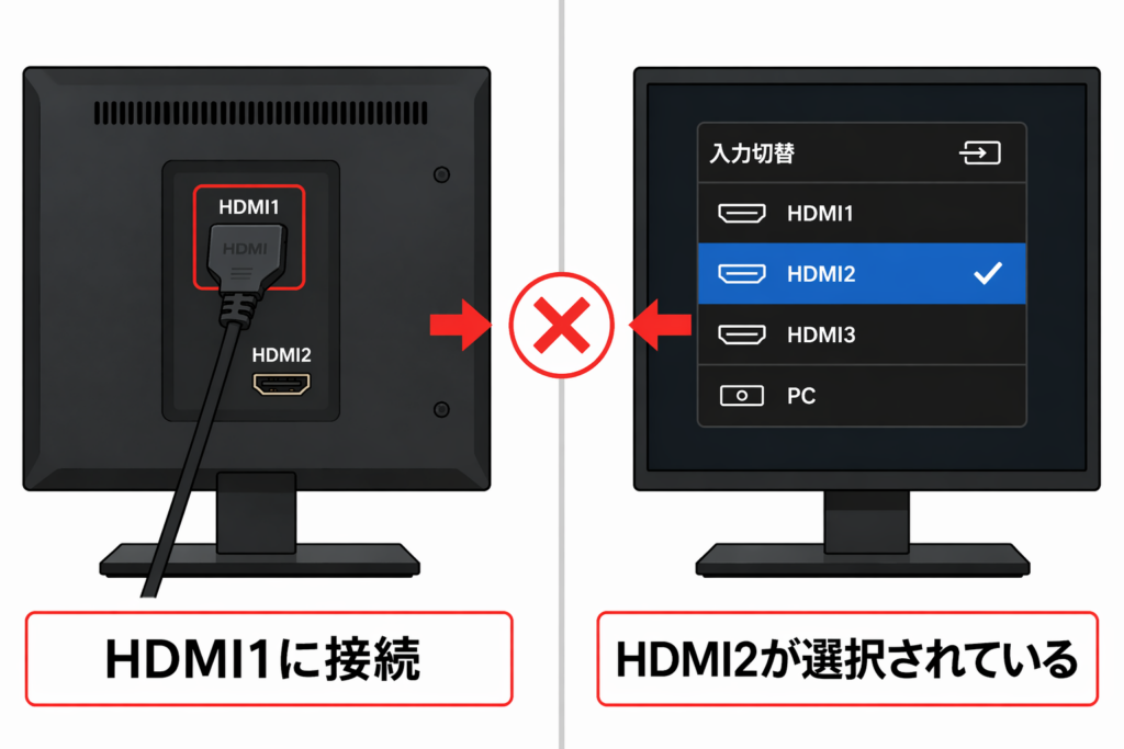 HDMI1に接続しているのにHDMI2が選択されている入力切替ミスの例