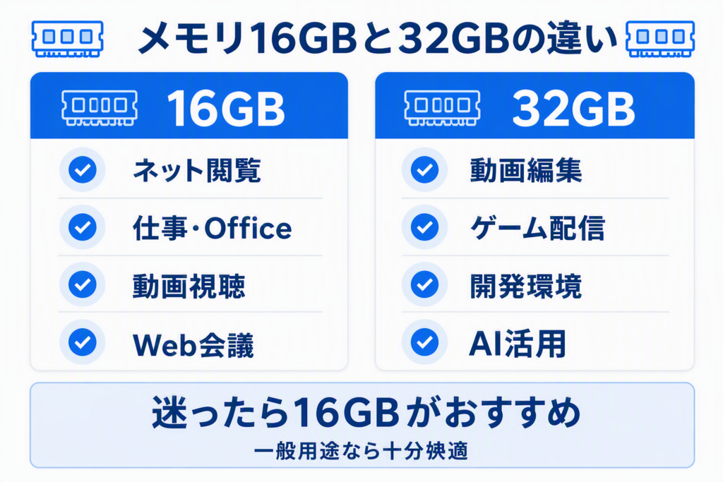 メモリ16GBと32GBの違いを比較した図。16GBはネット閲覧や仕事向け、32GBは動画編集やゲーム配信、開発環境、AI活用向けであることを紹介