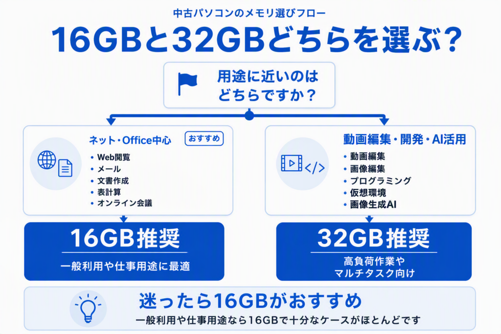中古パソコンのメモリ選びフロー。ネットやOffice中心なら16GB推奨、動画編集や開発、AI活用なら32GB推奨であることを説明する図