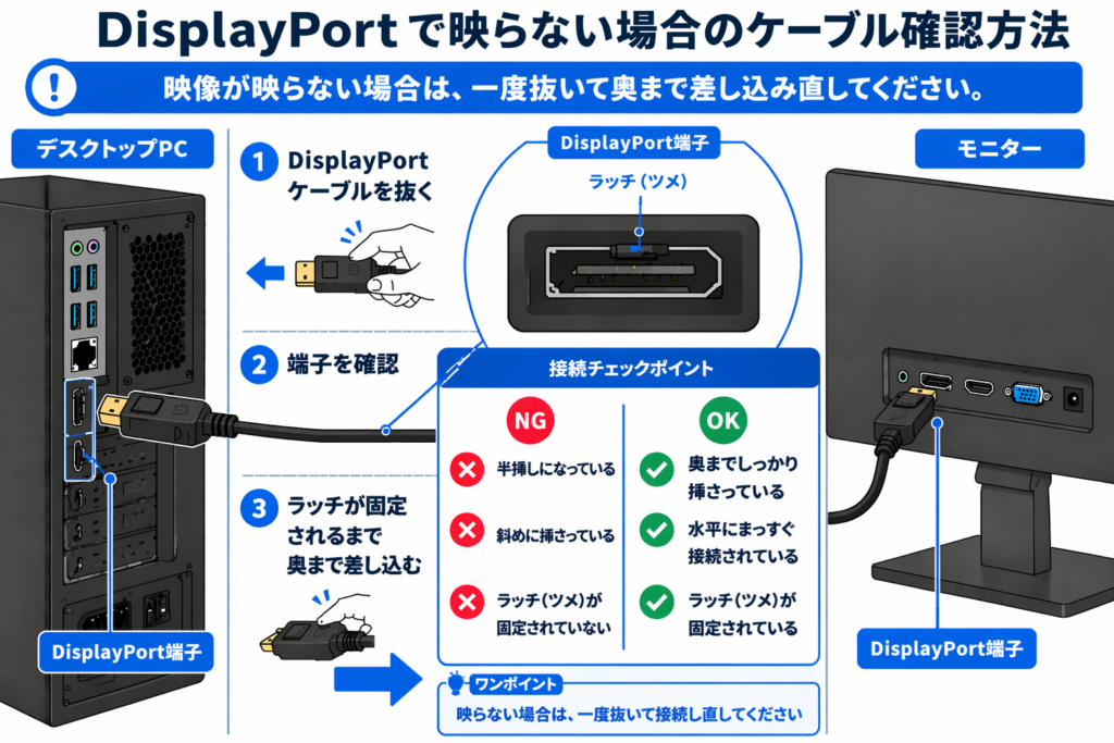DisplayPortで映らないときのケーブル確認手順
