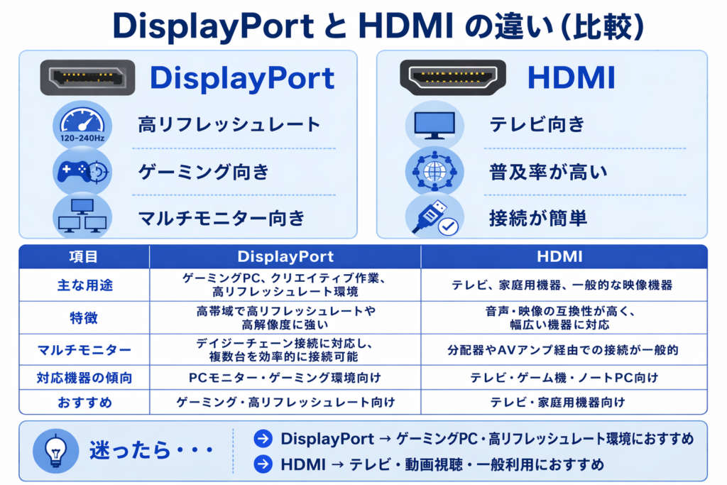 DisplayPortとHDMIの違いを比較した図