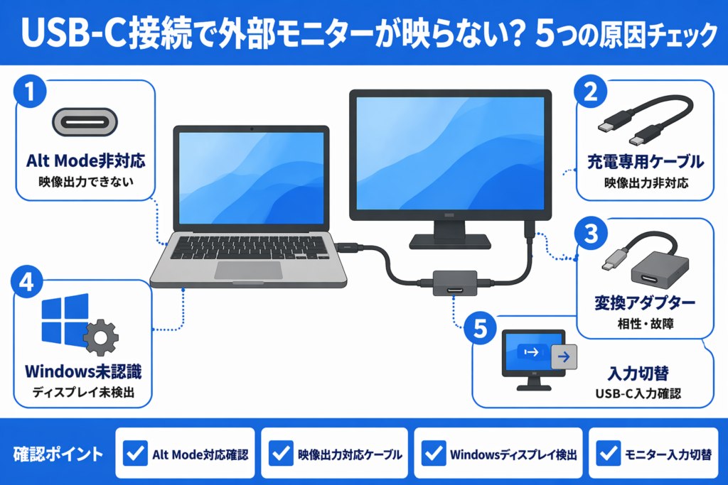 USB-C接続で外部モニターが映らない原因一覧。Alt Mode非対応、充電専用ケーブル、変換アダプター、Windows未認識、入力切替の5つを解説した図
