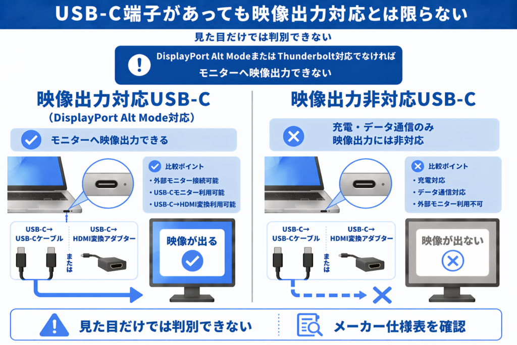 映像出力対応USB-Cと映像出力非対応USB-Cの違いを比較した図。DisplayPort Alt ModeまたはThunderbolt対応USB-Cは外部モニターへ映像出力できるが、非対応USB-Cは充電やデータ通信のみで外部モニターを利用できないことを解説