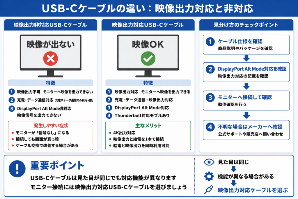 USB-Cケーブルの違いを比較した図。映像出力対応USB-Cケーブルと映像出力非対応USB-Cケーブルの違い、見分け方、モニター接続時の症状とメリットを解説