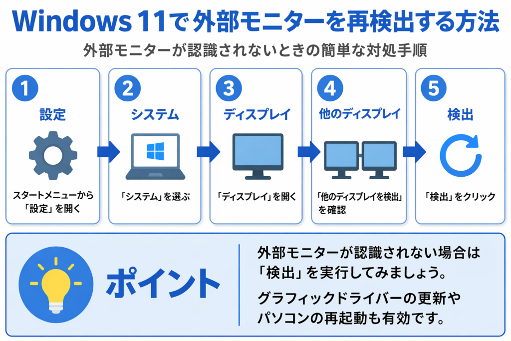 Windows 11で外部モニターを再検出する方法を解説した図。設定、システム、ディスプレイ、他のディスプレイ、検出の順に操作する手順を紹介