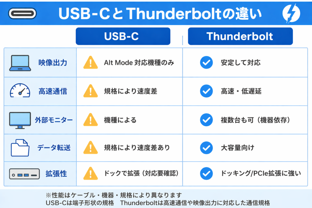 USB-CとThunderboltの違いを比較した図。映像出力、高速通信、外部モニター接続、データ転送、拡張性の違いを一覧で解説