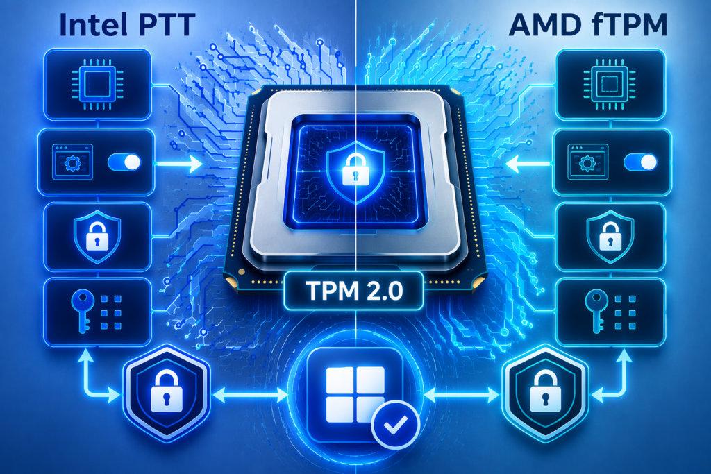 Intel PTTとAMD fTPMの比較図 TPM 2.0相当機能によるWindows 11対応の仕組み