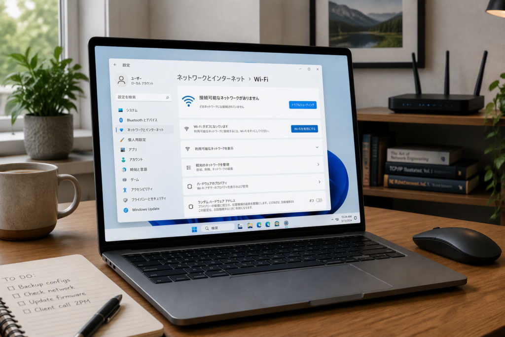 Windows 11でWi‑Fiアイコンが表示されない状態のネットワーク設定画面