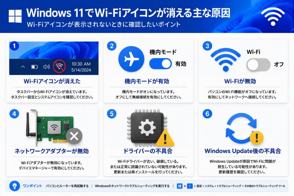 Windows 11でWi‑Fiアイコンが消える主な原因をまとめた図