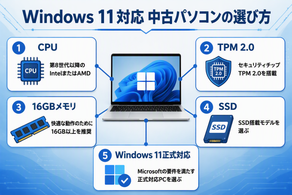 Windows 11対応中古パソコンの選び方。CPU・TPM 2.0・16GBメモリ・SSD・Windows 11正式対応の5つのチェックポイントを解説する図