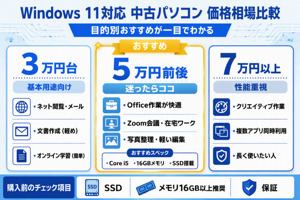 Windows 11対応中古パソコンの価格相場比較。3万円台・5万円前後・7万円以上の用途別おすすめと購入前のチェックポイントをまとめた図