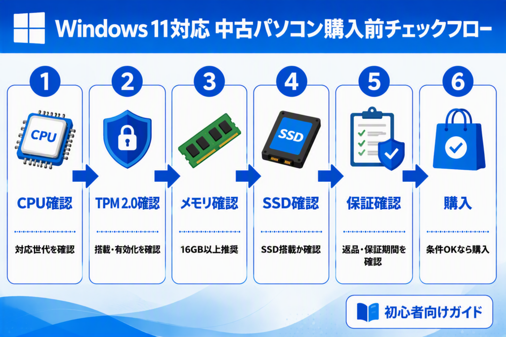 Windows 11対応中古パソコン購入前のチェックリスト。CPU、TPM 2.0、メモリ、SSD、保証を確認して購入する流れを示した図