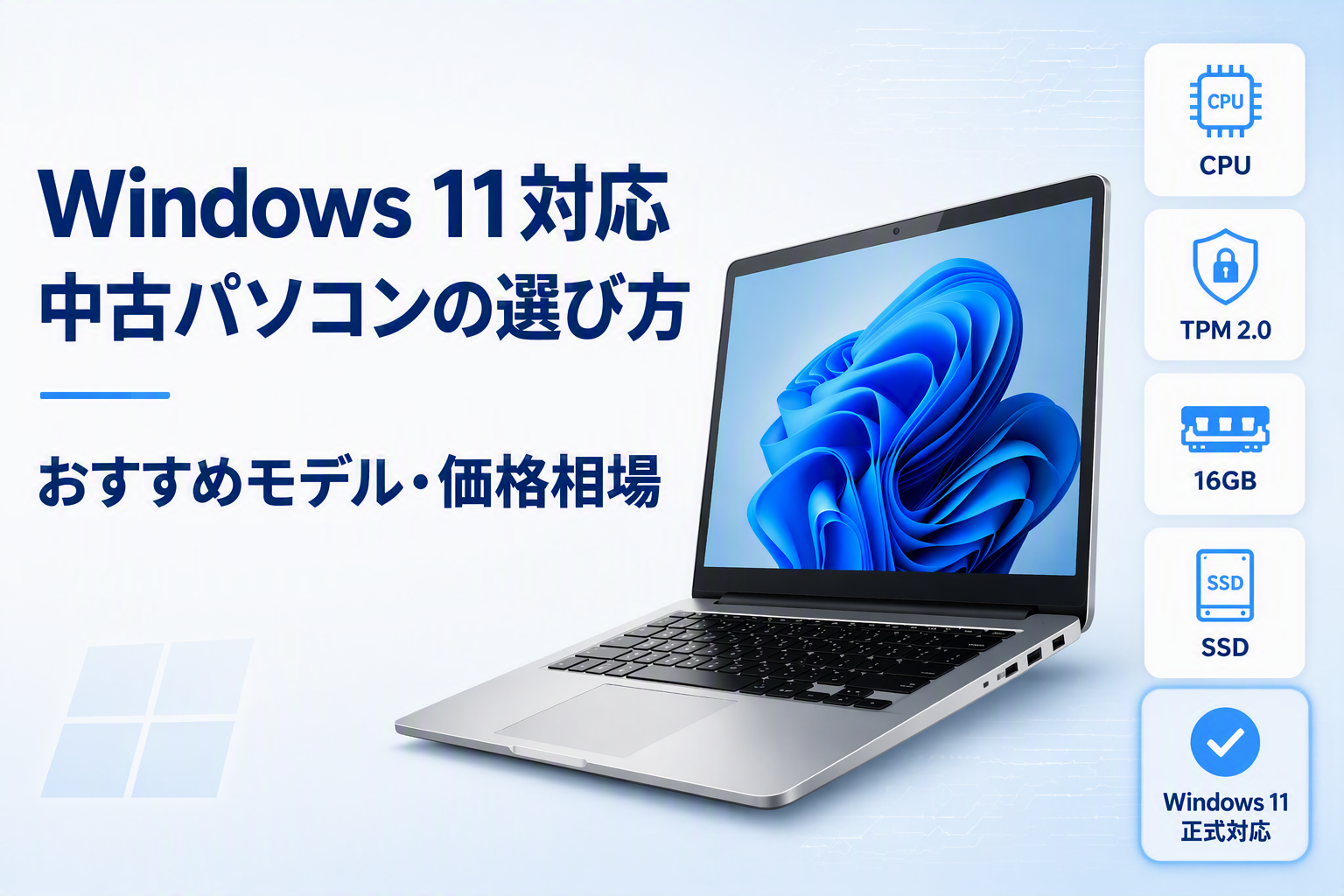 Windows 11対応中古パソコンの選び方。おすすめモデルや価格相場、CPU・TPM 2.0・16GBメモリ・SSD・Windows 11正式対応のチェックポイントを紹介するアイキャッチ画像