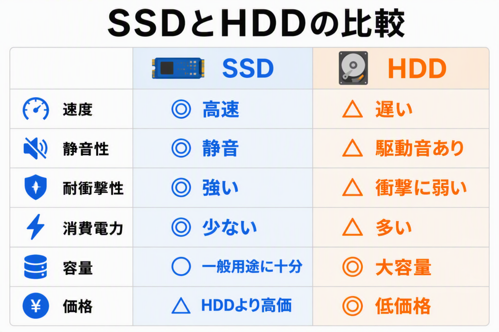 SSDとHDDの違いを比較した図。SSDは高速・静音・耐衝撃性・低消費電力が特長で、HDDは大容量・低価格が特長。